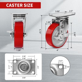 4 Inch Heavy Duty Casters, Swivel Caster Wheels with Brake, Polyurethane on Steel Wheel- Casters Set of 4 with 2000 lb Capacity, Caster Wheels for Furniture Workbench Cart (4 Side Brake)