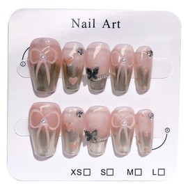 Nexora Silver Ribbon Butterfly Heart Glitter Attaching Gel Nail Tips, 1 Set, L / 넥소라 실버 리본 나비 하트 글리터 붙이는 젤 네일팁, 1세트, L