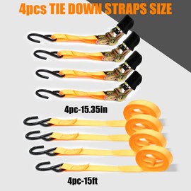 Tie Down Ratchet Straps with Hooks 4-Pack,1 Inch x 15 Feet (1,322lb Break Strength), Ultimate Tow Straps Heavy Duty with S Hooks for Trucks, Cargo, Moving, Appliances
