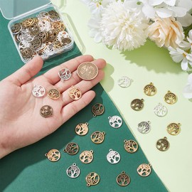UNICRAFTALE 100Pcs Tree of Life Charms Round Charms with Tree of Life Pendants with Loop Metal Bracelets Charms Hollow Charms for Earring Necklace Jewelry Making