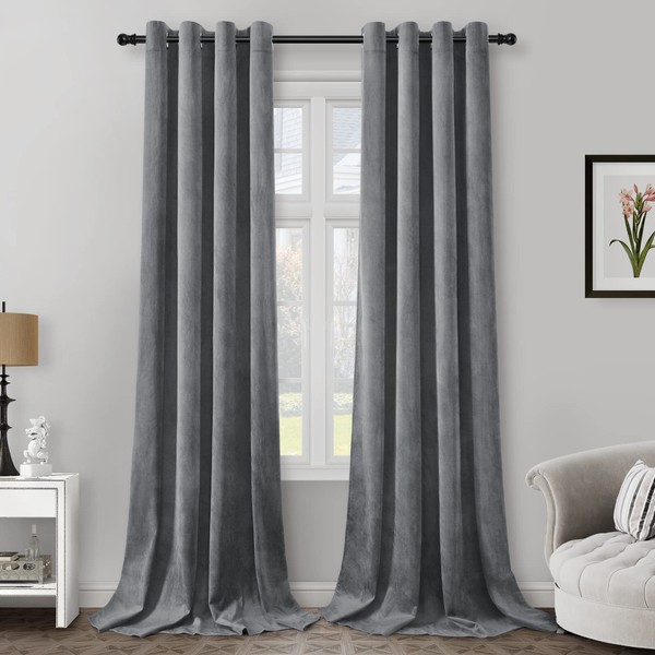 HOMEIDEAS Grey Velvet Blackout Curtains 84 inches Long 2 Panel Heavy Duty Gray Curtains for Living Room Thermal Insulated Grommet Window Curtains for Bedroom