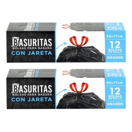 24 Bolsas De Basura Grande Basuritas, 65x77 Cm, Pack 2x12 Color Negro                                                                                 