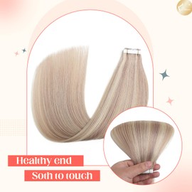 XDhair Tape Extensions Real Hair 50 g 35 cm 20 Pieces Ash Blonde Highlight Bleached Blonde Invisible Silky Straight Skin Weft Tape Ins Natural Extensions (#18P613-14)
