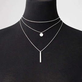 LEGITTA Women's Layered Necklace with Round Plate and Bar Pendant Delicate Multi-Row Titanium Nickel-Free, Stainless Steel, Silver