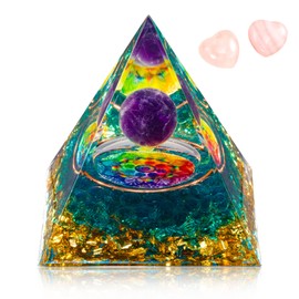 FUN LAVIE Orgone Crystal Pyramid for Positive Energy Amethyst Crystal Ball Energy Protection Generator for Meditation and Stress Reduction Attract Lucky with 2 Heart-Shaped Crystals Stones Style A