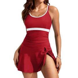 Women's One Piece Swimsuit Tummy Control U Neck Bathing Suits(M, Red)