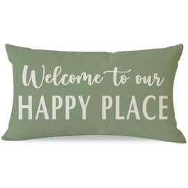 HERHOME Decorative Throw Pillow Cover 12x20 Inch Welcome to Our Happy Place Sage Green Outdoor Spring Summer Farmhouse Front Porch Patio Decor Lumbar Cushion Case Decoration for Living Room Sofa Couch