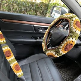 Funda de Volante de Ganchillo con Estampado Floral Bordado, con 2 Fundas para cinturón Seguridad, Antideslizante, Universal, para Las 4 Estaciones, Decorativa, para Coche, Cables Arranque r