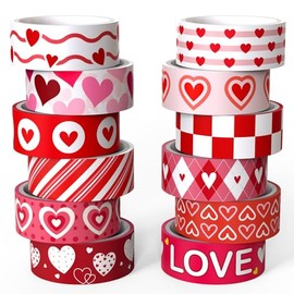 Juego de 12 rollos de cinta adhesiva Washi para el día de San Valentín, cinta decorativa de corazón de amor rojo y rosa a rayas para suministros de diario, fiesta de boda, diario de