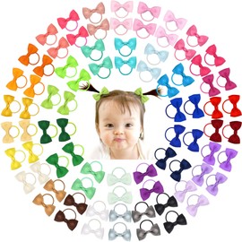CÉLLOT 80PCS 2 Inches Baby Bows Hair Ties Mini Boutique Hair Bows Durable Elastic Rubber Ribbon Hair Band Accessories for Toddlers Infants Kids Under 2 Years Old