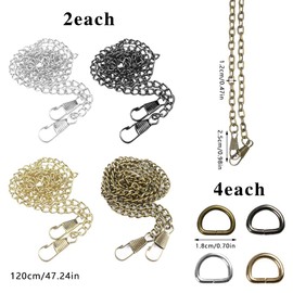 WakiHong Bag Chain 8 Pieces Bag Chain Silver with 16 D-Rings Bag Chain Gold Bag Chain with Buckles Suitable for Shoulder Bag Crossbody Handbag 4 Colours Available (120 cm)
