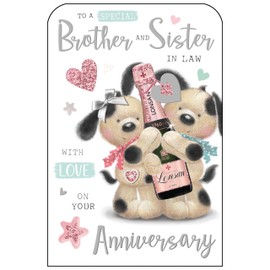 Jonny Javelin Special Brother and Sister-in-Law Anniversary Card - Fudge Dogs and Champagne Bottle Embossed with Foil and Flitter Details