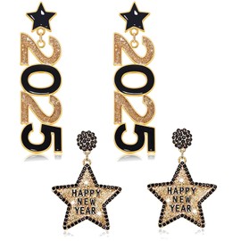 PHALIN New Year's Eve Earrings 2024 Earrings for Women Glitter Gold Black Star Earrings New Year Earrings Set Happy New Year's Eve Accessories New Year Jewelry Gifts (Style D)