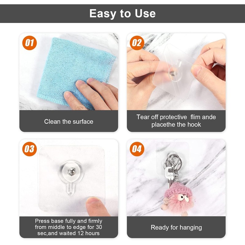 Celbon Transparent Shower Caddy Adhesive Hooks, 4-Pack, Strong Sticker Pads