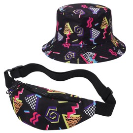 2 Pcs 80s 90s Fanny Pack Bucket Hat Waist Bag 80s 90s Outfit Retro Summer Sports Party Fashion Accessories for Men Women (Black)
