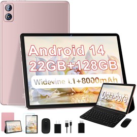 Dghrti 2025 Android 14 Tablet, 22G+128G/1TB Expansion, 10 inch Tablets with 8000 mAh Battery, Octa-Core, GPS, Split-Screen, Face Unlock, 2 in 1 Tablet with Keyboard, Mouse, Case, Rose Gold