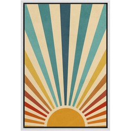 Ashbrook Framed Canvas Print Wall Art Sun with Blue, Red and Yellow Sunlight Rays Nature Wilderness Illustrations Modern Rustic Scenic Relax/Calm for Living Room, Bedroom, Office - 16"x24" WHITE