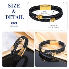 INFINIONLY Men's Multilayer Braided Leather Bracelet Fashion Stainless Steel Skull Bracelets for Boys with Stainless Steel Buckle, Leather