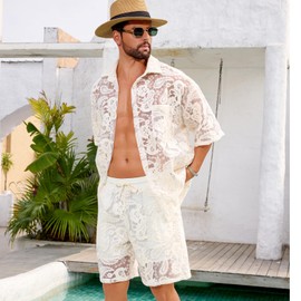 CAALEIS Men's 2 Piece Lace Outfit See Through Beach Shirt and Shorts Set Summer Casual Vacation Party Matching Set