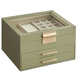 SONGMICS Caja de Joyas, 3 Niveles, Tapa de Cristal, 2 Cajones
