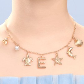 Initial E Charm Necklace For Women, Boho Gold Summer Beach Surfer Letter Necklace Starfish Seashell Pearl Turtles Dolphin Charms Pendant, Trendy Pendant Alphabet Choker Necklace Jewelry Gifts