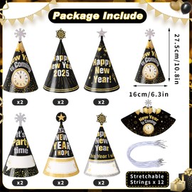 12Pcs Happy New Year Party Hats for Kids Adults, 6 Styles Adjustable Paper Cone Hats Black Gold Silver Name DIY New Years Eve Hats for New Years Eve Party Supplies 2025 Count Down Party Favor Decor