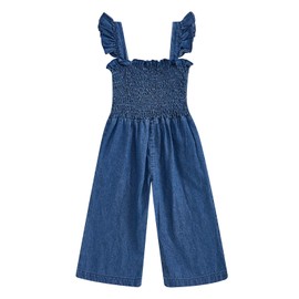 Gaono Baby Girl Denim Clothes Toddler Wide Leg Romper Sleeveless Ruffle Strap Smocked Bell Bottom Jean Overalls Jumpsuit (A-Blue, 18-24 Months)