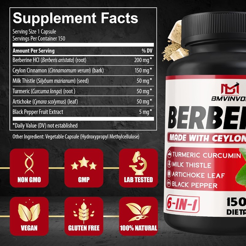 Berberine HCl, 150 Capsules - Plus Ceylon Cinnamon, Turmeric, Milk