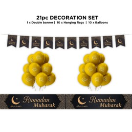 Ramadan Mubarak Decoration Set - 21 Piece Set with Buntings Flags Banners Balloons - AG 2021 (Black & Gold)