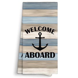 Sviojuce Boat Nautical Welcome Aboard Kitchen Towels Decorative 16x24, Nautical Anchor Dish Tea Towel Cloths Dishcloths Gifts for Boat Lovers, Boat Nautical Bathroom Kitchen Hand Towel Decor