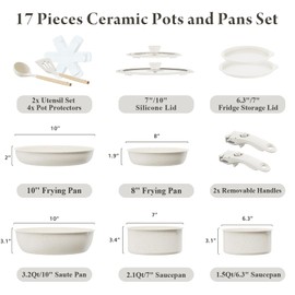 Bazova Ceramic Nonstick Cookware Set, Healthy,Non Toxic,17-Pieces Pots and Pans Set Removable Handles,Induction RV Kitchen Set,Stain & Scratch-resistant,Dishwasher/Oven Safe,PFAS/PFOA Free,Cream White