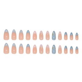 Kamize Almond Fake Nails Blue Press on Nails Full Cover Acrylic Medium French Fake Flower Nails for Women and Girls 24PCS