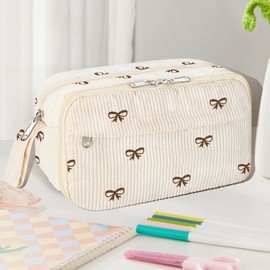 shiprabags Large Pencil Pouch for Girls,Cute Corduroy Pencil Case Pouch Aesthetic Soft Pencil Bag for School, Zippered Pencil Organizer School Supplies for Teen Girls Women Gift（purple）(brown bow)