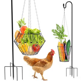 Hanging Chicken Feeder with Shepherd's Hook, Foldable Chicken Vegetable Fruits Feeder, Poultry Feeding Holder Basket with Hanging Chain for Chicken Coop Accessory