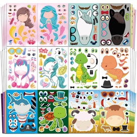 Aowplc 36 Pcs Make-A-Face Sticker Sheets Kids Party Favors Mix and Match Stickers with Dinosaurs, Mermaids, Unicorns, Horses, Farm & Sea Animals for Parties, Birthdays, Classroom Activities & Crafts