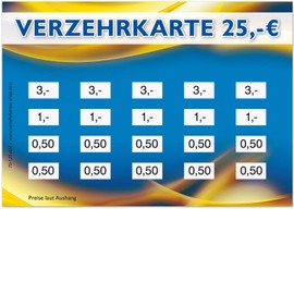 250 consumption cards DIN A7, total value 25 euros, practical alternative to tokens, for clubs, catering etc., easy cashless payment