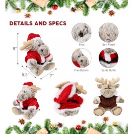 DolliBu Santa Moose Stuffed Animal Plush with Sweater and Santa Outfit, 8 Inch