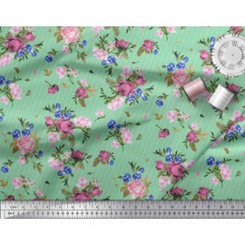 Soimoi Green Velvet Fabric Stripe,Cyclamen & Rose Floral Printed Fabric 1 Yard 58 Inch Wide