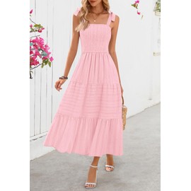 MEROKEETY Women's Summer Boho Maxi Dress Beach Vacation Casual Smocked A Line Sundress with Pockets, Pink, Medium