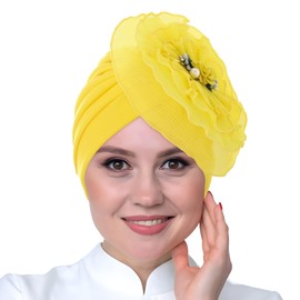 Bohend Flower Turbans Cap Pearl Knot Headwarp Beanie Pre Tied Head Cover Bonnet Women Muslim Stretchy Pleated Headscarf Hat (Polyester, Yellow)