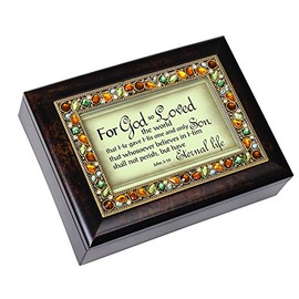 Cottage Garden for God so Loved The World John 3:16 Italian Style Burlwood Finish Decorative Jewel Lid Musical Jewelry Box - Plays On Eagle's Wings