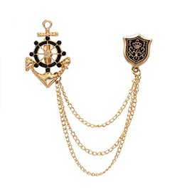 Knighthood Golden Anchor Rudder Ships Wheel With Shield and Hanging Chain Lapel Pin/Brooch for Men