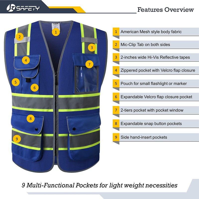 JKSafety 9 Pockets High Visibility Zipper Front MESH Blue Safety