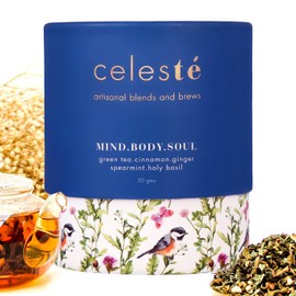 Celeste Green Tea Mind Body Soul | Whole Leaf, Pure Green Tea | Cinnamon, Spearmint, Ginger, Holy Basil | Vacuum Sealed Pack | 50g - 20 Cups