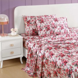 Betsey Johnson - Full Sheets, Luxurious Satin Bedding Set, Smooth & Silky Home Decor (Vintage Floral Pink, Full)