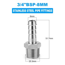 ERGAOBOY Pack of 2 304 Stainless Steel 8 mm OD Barb to 3/4 Inch BSP Male Hose Barb, Compression Fittings for Water, Industry