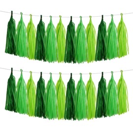 GAKA Dark Green and Light Green Tissue Paper Tassel(3 Colors),Paper Tassel Garland Banner for Jungle Birthday Party Decor Supplies,15 PC