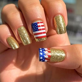 Independence Day Press on Nails Medium Square Fake Nails Blue French Tip Acrylic Nails Glitter Glue on Nails with American Flag Stars Lines Desgins Golden Glitter Stick on Nails for Women Girls 24Pcs
