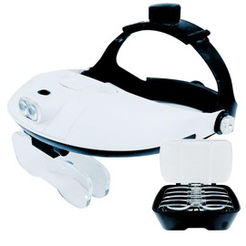 HAWK OPTICALS 2 LED Illuminated Headband Magnifier - White || 5 Lens Power Options || Adjustable Fit || Great for Jewelry Making, Watch & Electronic Repair, Sewing & Embroidery