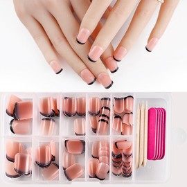 120 Pcs Black French Tip Press on Nails Short Square Fake Full Cover Glossy False Acrylic Glue on Artificial Nail & Glue Adhesive Tabs for Women Girls Manicure